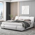 Wade Logan® Conshohocken Low Profile Modern Leather Upholstered Platform Bed Frame w/ Adjustable Headboard Metal in White | Wayfair