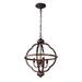 4-Light Brown/Black Round Iron Ceiling Lamp Chandelier with Brown Ringed