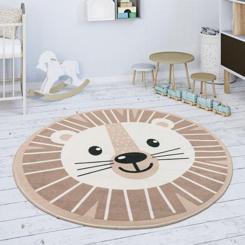 Kinderteppich Teppich Rund Kinderzimmer Spielmatte Rutschfest Löwen Beige 150 cm Rund - Paco Home