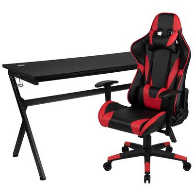 Gaming Desk and Red/Black Reclining Gaming Chair Set /Cup Holder/Headphone Hook/Removable Mouse Pad Top - Wire Management [BLN-X20D1904L-RD-GG] - Flash Furniture BLN-X20D1904L-RD-GG