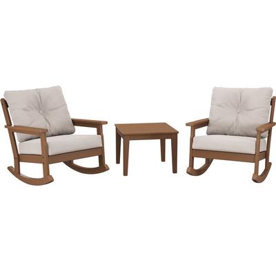 POLYWOOD Vineyard Teak / Dune Burlap Deep Seating Patio Rocking Chair Set with Newport Table and Vineyard Rocking Chairs