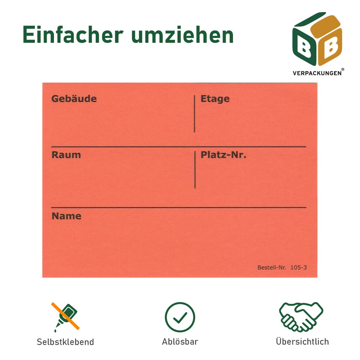 BB-Verpackungen GmbH 1000 x Umzugsetiketten (105 x 75 mm) rot selbstklebend Rückstandlos ablösbar Kartonaufkleber Sticker Umzugsaufkleber beschriften BB-Verpackungen Image