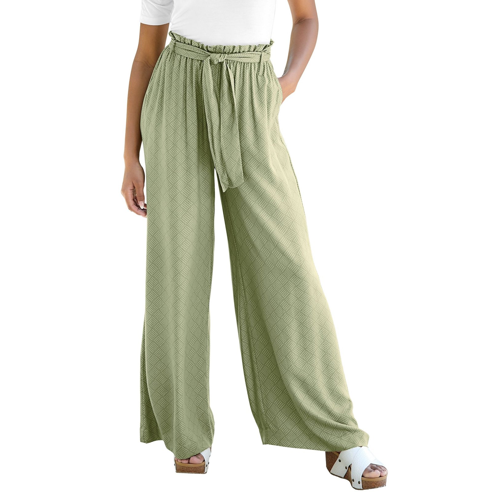 Masseys Tie-Waist Wide-Leg Pant (Size L) Sage/Geometric, Rayon
