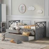 Rustic Style Gray Pine Multi Functional Daybed, with Two Large Drawers and Trundle, Pine Daybed, with X Frame Side,for Bedroom