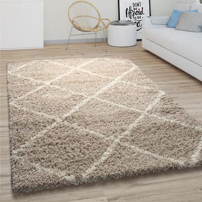 Paco Home - Hochflor Teppich Wohnzimmer Shaggy Skandinavisches Rauten Muster Modern In Beige