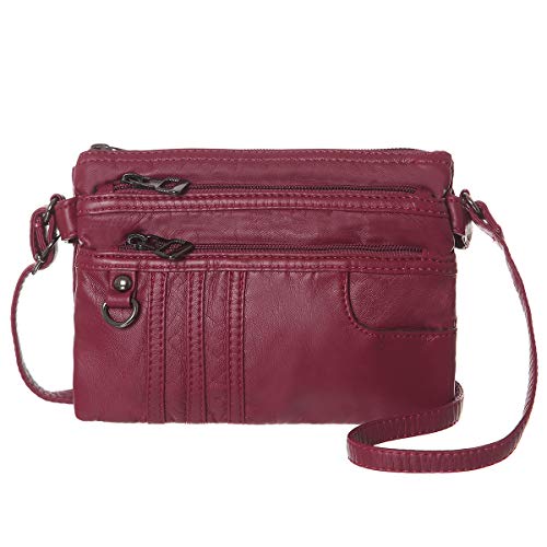 Treble Pockets Small Crossbody Purse Soft Synthetic Leather Cell Phone Purse Wallet for Women(Dark Red)