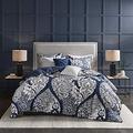 Madison Park Vienna Cotton Poly Blend Duvet Set - Classic Traditional Design, Cozy All Season Comforter Cover, Matching Shams, Decorative Pillows Vienna, King/Cal King(104"x92"), Indigo 6 Piece