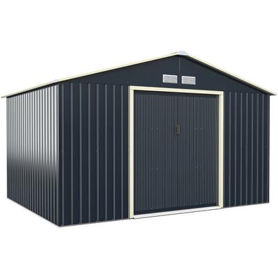 Costway 11 x 8 Feet Metal Storage Shed for Garden and Tools with 2 Lockable Sliding Doors-Gray