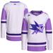 Men's adidas White/Purple San Jose Sharks Hockey Fights Cancer Primegreen Authentic Blank Practice Jersey