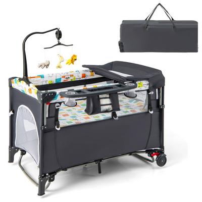 Costway 5-in-1 Baby Nursery Center Foldable Toddler Bedside Crib with Music Box-Gray