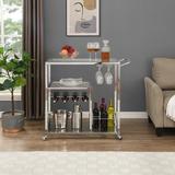 Contemporary Chrome Bar Serving Cart with Metal Frame Wine Storage