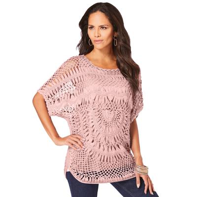 Plus Size Women's Pullover Crochet Sweater by Roaman's in Soft Blush (Size M)