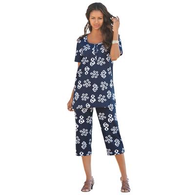 Plus Size Women's Printed Henley Capri Set by Roaman's in Navy Ikat Medallion (Size 26/28) Matching Jersey T-Shirt and Capri Pants