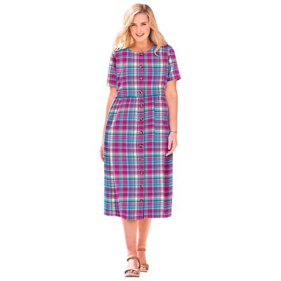 Plus Size Women's Short-Sleeve Seersucker Dress by Woman Within in Raspberry Pretty Plaid (Size 14 W)