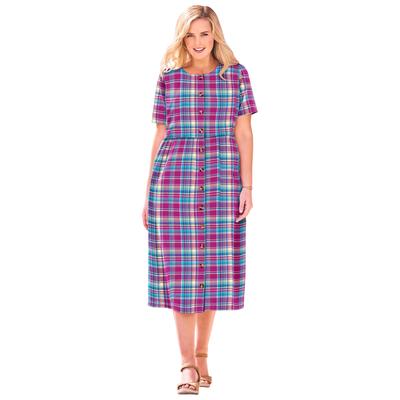 Plus Size Women's Short-Sleeve Seersucker Dress by Woman Within in Raspberry Pretty Plaid (Size 14 W)