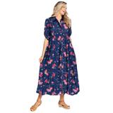 Plus Size Women's Roll-Tab Sleeve Crinkle Shirtdress by Woman Within in Evening Blue Wild Floral (Size 26 W)