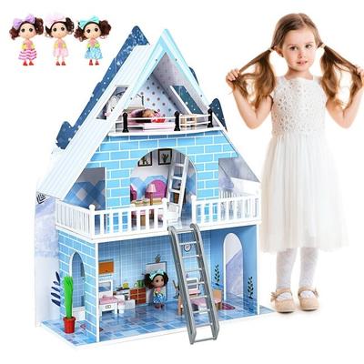 Wooden Dollhouse 3-Story Pretend Playset with Furniture and Doll Gift for Age 3+ Year - 31.5" x 11.5" x 37" (L x W x H)