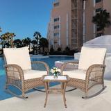 Bayou Breeze 3 Pieces Outdoor Wicker Rocking Chair Set, Rattan Patio Rocker Chairs Set w/ Cushions & Glass-top Coffee Table | Wayfair