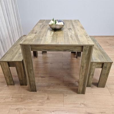 Rustic Effect Dining Table And 2 Benches