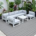 LeisureMod Chelsea 7-Piece Patio Sectional And Coffee Table Set White Aluminum With Cushions in Light Grey - LeisureMod CSTW-7LGR