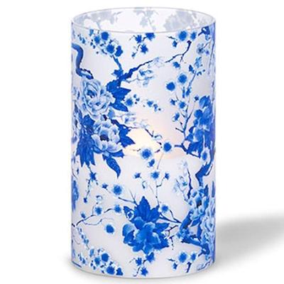 Gerson 45893 - 3.5" x 6" Blue Floral Design Battery Operated Illumaflame LED Wax Candle Light with Timer