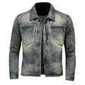 Veste en Jean Rétro pour Homme Manteau en Denim Automne Bomber Moto Décontracté Revers