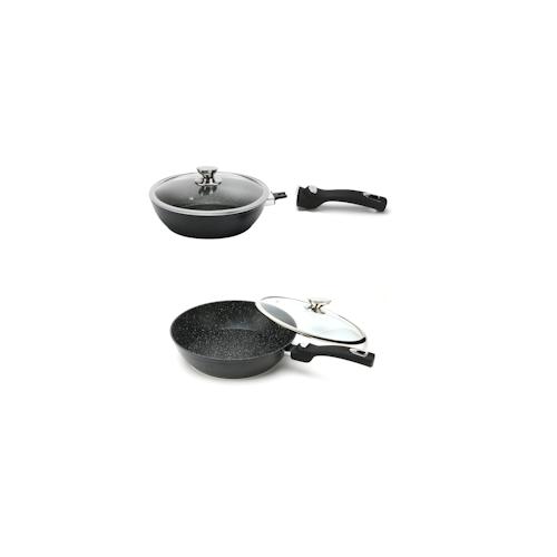 Cheffinger WOK Pfanne 30cm Induktion Aluguss mit Deckel Antihaft Bratpfanne abnehmbarer Griff Marmorbeschichtung Gastronomie Home Wokpfanne Schwarz