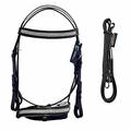 Equipride Bling Crystal Bridle with Leather Anti-Slip Rubber Grip Reins (Black with White Padded, Full)