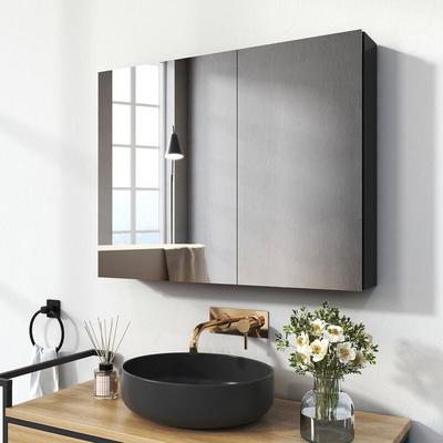 Spiegelschränke 85x65cm Spiegelschrank Badschrank mit Doppelseitiger Spiegel (Schwarz) - Emke Image