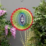 Alpine Corporation 12" Round Outdoor Hanging Rainbow Flower Metal Planet Wind Spinner with Clear Glass Ball