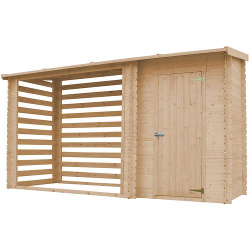 Timbela - Gartenhaus mit Brennholzregal aus Holz – bht 348 x 146 x 199 cm – Holzhaus 1,1 m2 –