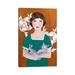 East Urban Home Woman in Green Dress w/ Cat by Sally B - Wrapped Canvas Painting Canvas in Blue/Green/Red | 18 H x 12 W x 1.5 D in | Wayfair