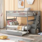 Full over Full Solid Pine Wood Bunk Bed with Trundle and 4-Tier Storage Shelves, Kids Bed with Full-length Guardrail, Gray