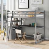 Gray Twin Size Loft Bed, with Desk and Shelves and 2 Built-in Drawers, Pine Wood Bed, with Pine Wood Frame and Legs and Slats