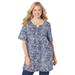 Plus Size Women's Easy Fit Notch-Neck Tee by Catherines in Navy Distressed Medallion (Size 1X)