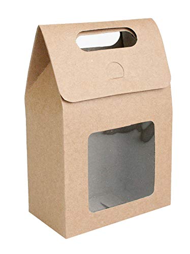 Emartbuy Strong Paper Stand Up Gift Bag, 15 cm x 10 cm x 6 cm, Brown Kraft Bag Candy Cookies Box with Clear Window - Pack of 96