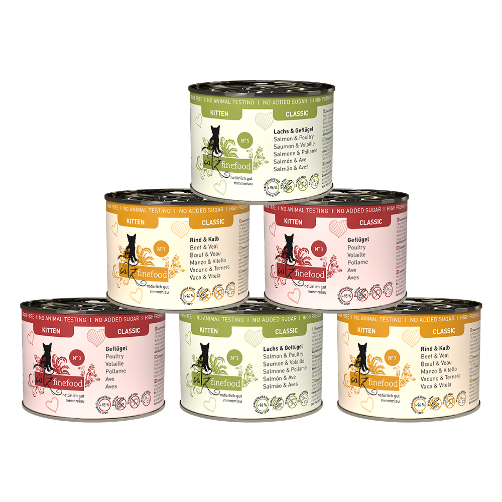 catz finefood Kitten 6 x 200 g - 6 x 200 g Mix: 2 x Manzo & Vitello, 2 x Salmone & Pollame, 2 x Pollame