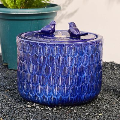 Glitzhome 15"H LED Ceramic Birdbath Outdoor Fountain with Two Birds & Leaf Pattern