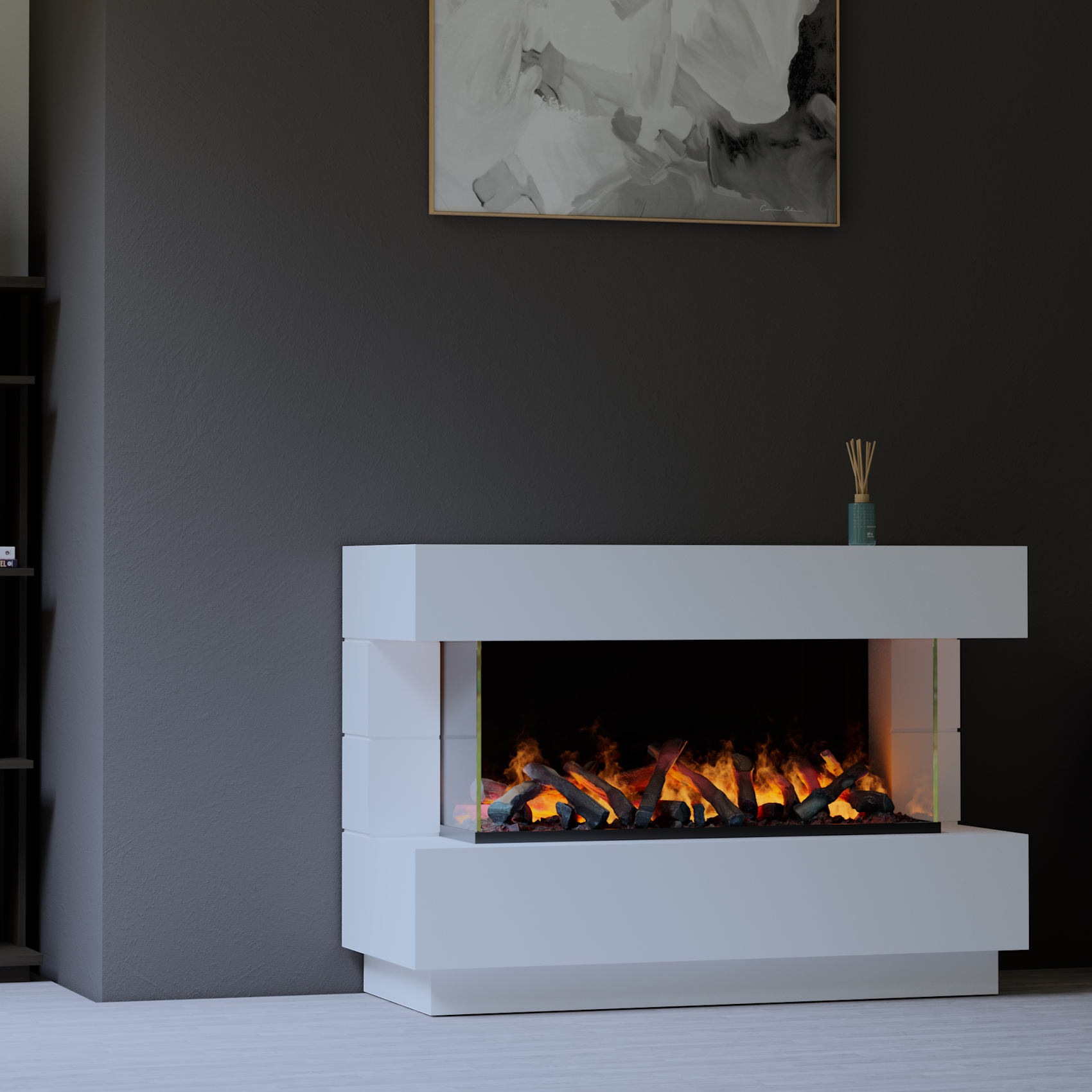 muenkel design London 1400 Opti-glo [Elektrokamin Opti-myst]: weiß (warm) - Ohne Heizung - Kieswanne mit weißen Steinen - Tank