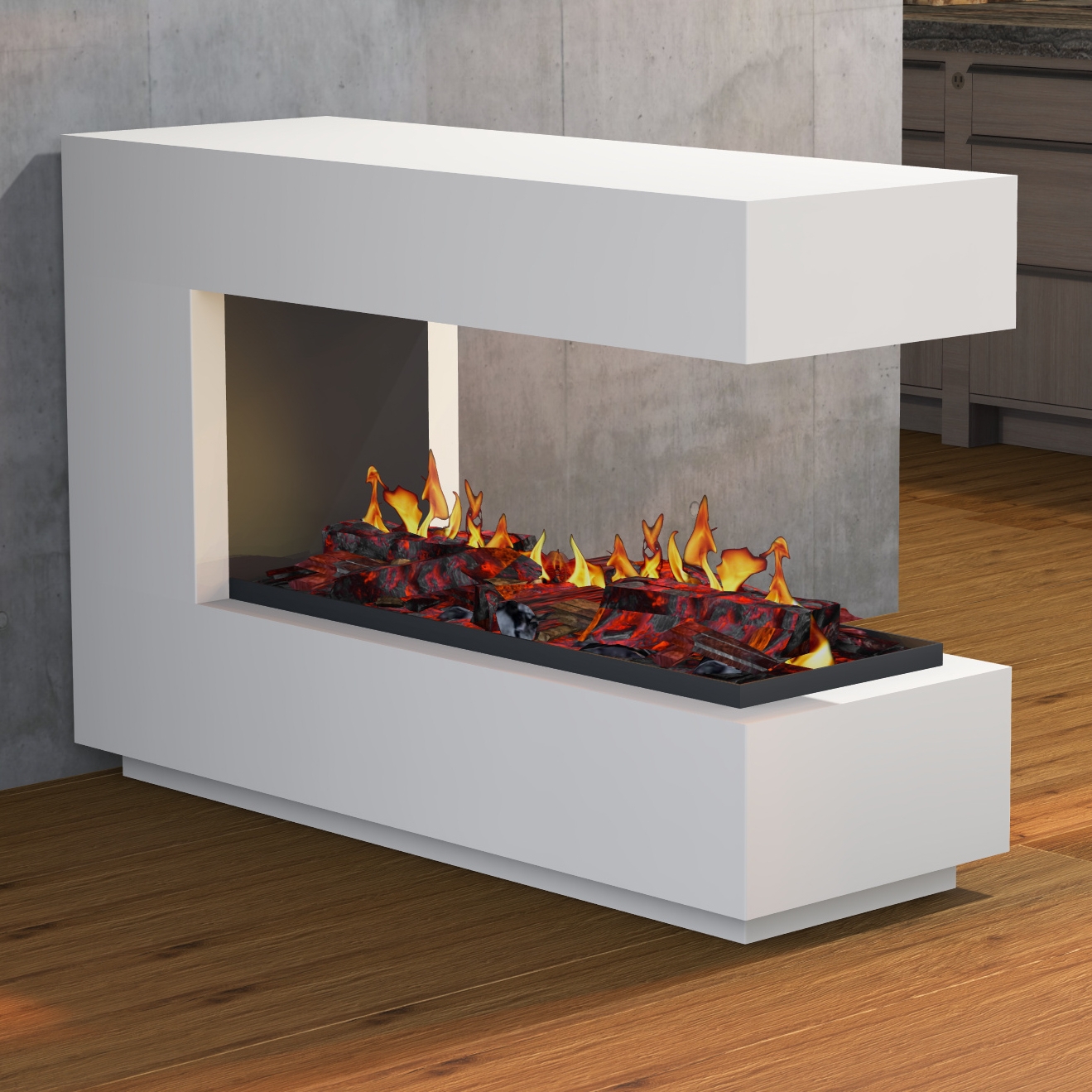 muenkel design loft.line 1400 -- C-02 Raumteiler [Design Opti-myst Elektrokamin mit Tankbefüllung]: Betonoptik - Mit Heizung - Kieswanne mit weißen Steinen - ohne Scheibe