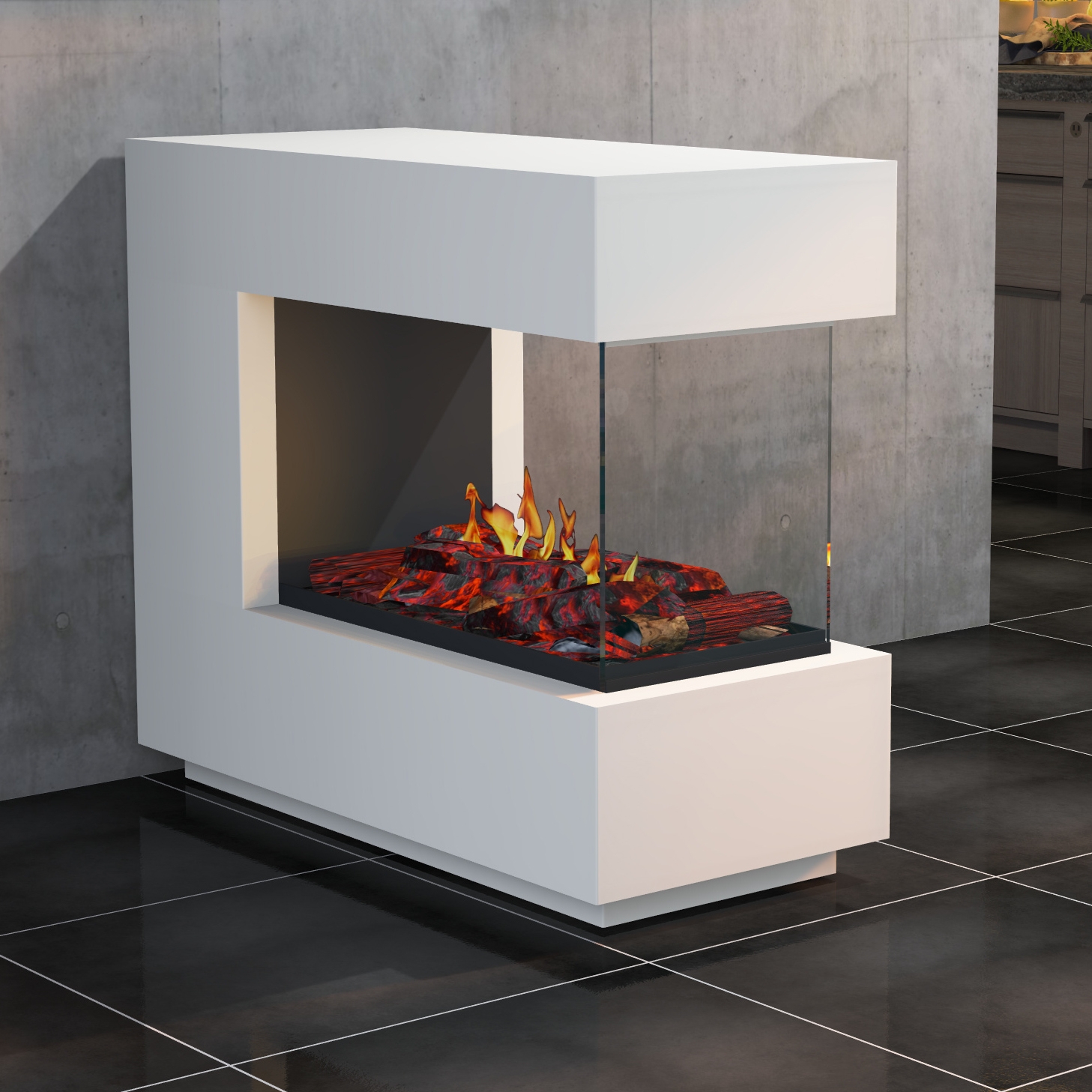 muenkel design loft.line 1100 -- C-02 Raumteiler [Design Opti-myst Elektrokamin mit Tankbefüllung]: Betonoptik - Mit Heizung - Dekoholz mit Stehrost (gerade) - mit Scheibe