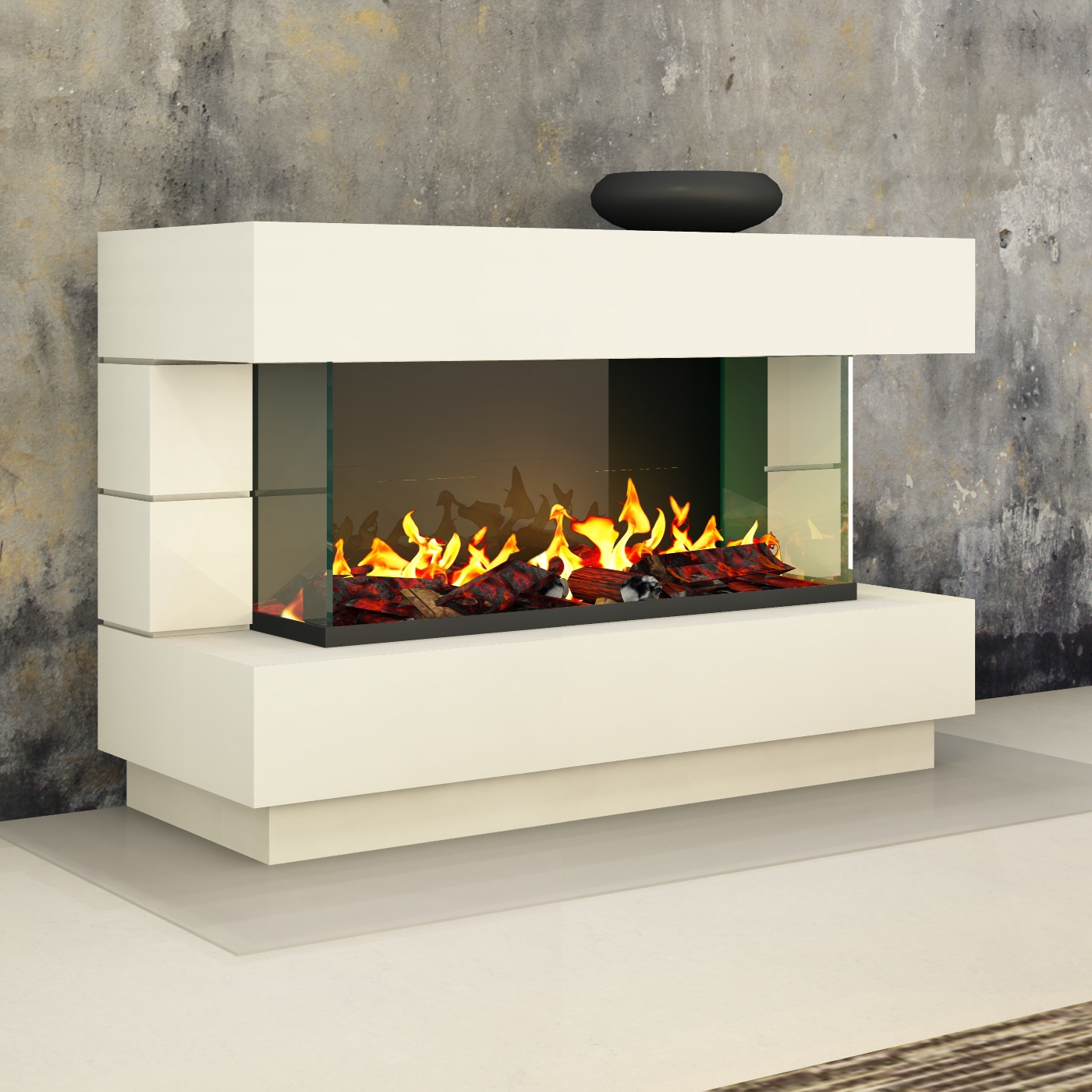 muenkel design London 1400 Opti-glo [Elektrokamin Opti-myst]: weiß (warm) - Ohne Heizung - Kieswanne mit weißen Steinen - Wasserleitung