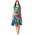 Plus Size Women's A-Line Crinkle Dress with Tassel Ties by Roaman's in Emerald Paisley Garden (Size 26/28)