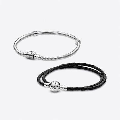 Coffret Cadeau Bracelet en Cuir Noir et Bracelet Maille Serpent Fermoir Barillet Pandora Moments