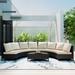 5 Pieces All-weather PE Rattan Wicker Sofa Set Outdoor Patio Sectional Furniture Set Half-moon Sofa with Tempered Glass Table