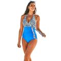 Plus Size Women's Faux Wrap Halter One Piece Swimsuit by Swimsuits For All in Blue Animal (Size 6)