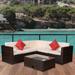 Latitude Run® Patio Outdoor Conversation Set 4 Piece PE Rattan Wicker Segmented Beige Upholstered Sofa Set w/ 2 Red Pillows in Brown | Wayfair