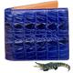 Blue Alligator Tail Mens Leather Bifold Wallet with Flip ID Window Crocodile Passcase Multiple Pocket Holder RFID Blocking Security Handmade Exotic Leather Gift for Husband