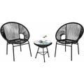 3 tlg. Sitzgruppe, Rattan Gartenmoebel aus 1 Tisch & 2 Stühlen, Lounge Set, Tischplatte aus Glas,