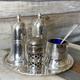 Vintage Angora Silver Plated Blue Glass Cruet Condiment Set Made in England